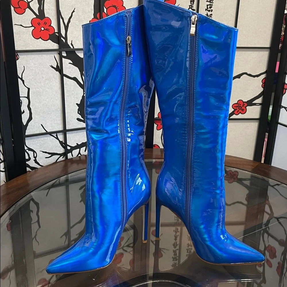 Nova Patent Knee-High Stiletto Boots in Vibrant Blue with 4.5” heels